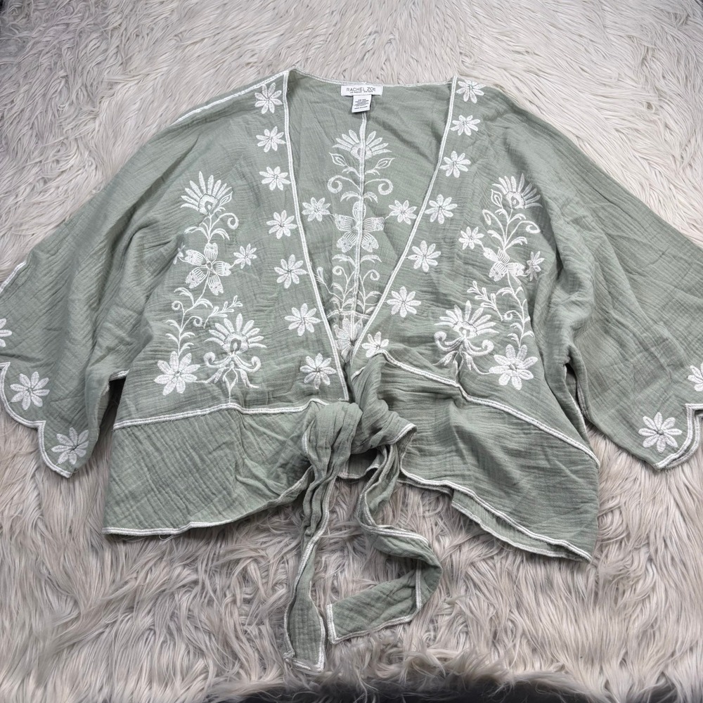 Rachel Zoe Women's OS Green Cotton Floral Embroidered Tie Front Blouse Boho